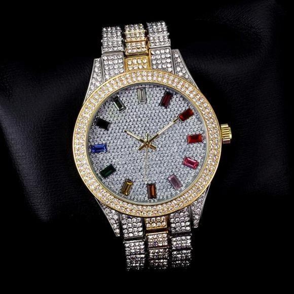 Mens Iced Out Watch with Rainbow Baguette Dial Silver, Two Tone